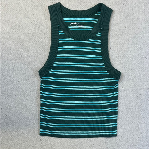 aerie Tops - aerie Dark Green Tank with Teal and White Stripes